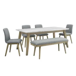 White Marble Top Dining Table, 4 Chairs and 1 Bench - Grey