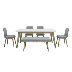 White Marble Top Dining Table, 4 Chairs and 1 Bench - Grey