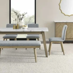 White Marble Top Dining Table, 4 Chairs and 1 Bench - Grey