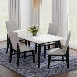 White Marble-Look Top Dining Table with 4 Chairs - Grey Fabric