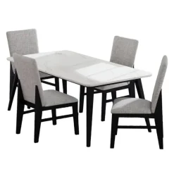 White Marble-Look Top Dining Table with 4 Chairs - Grey Fabric