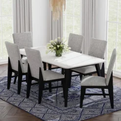 White Marble-Look Top Dining Table with 6 Chairs - Grey Fabric