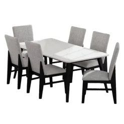 White Marble-Look Top Dining Table with 6 Chairs - Grey Fabric