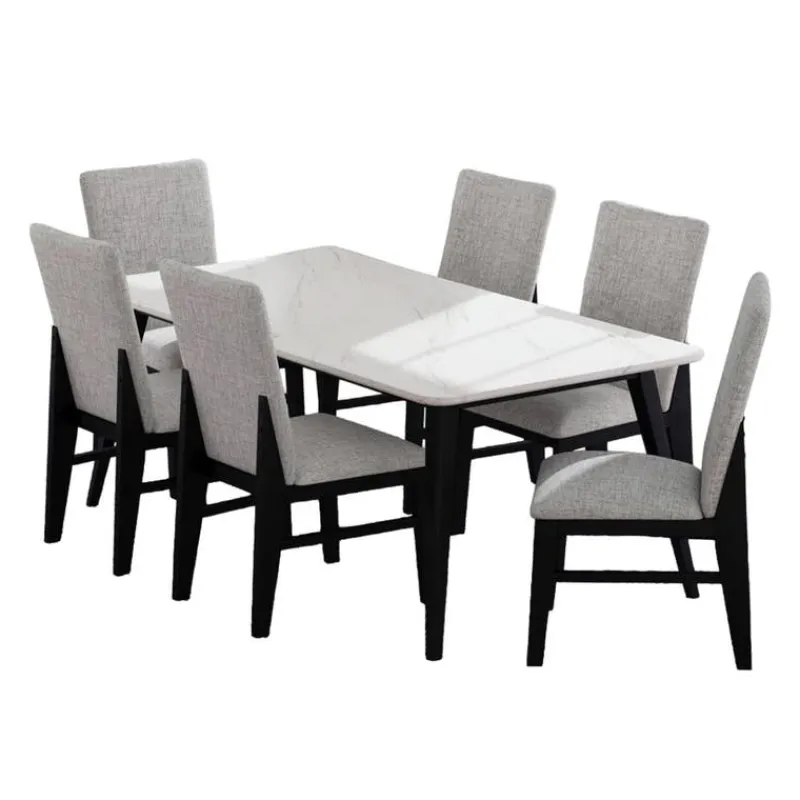 White Marble-Look Top Dining Table with 6 Chairs - Grey Fabric