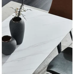 White Sintered Stone Dining Set with 4 Grey Chairs and 2 Cognac Chairs - 59"